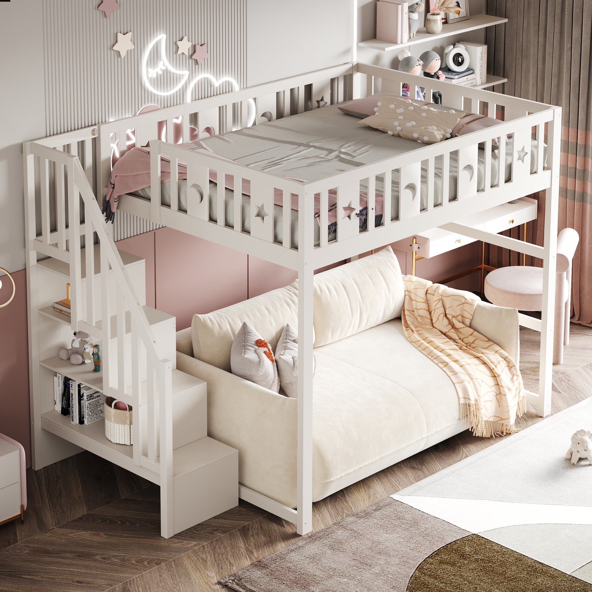 Children's Bunk Bed 140x200 Stairs Safety Railing, Solid Wood White