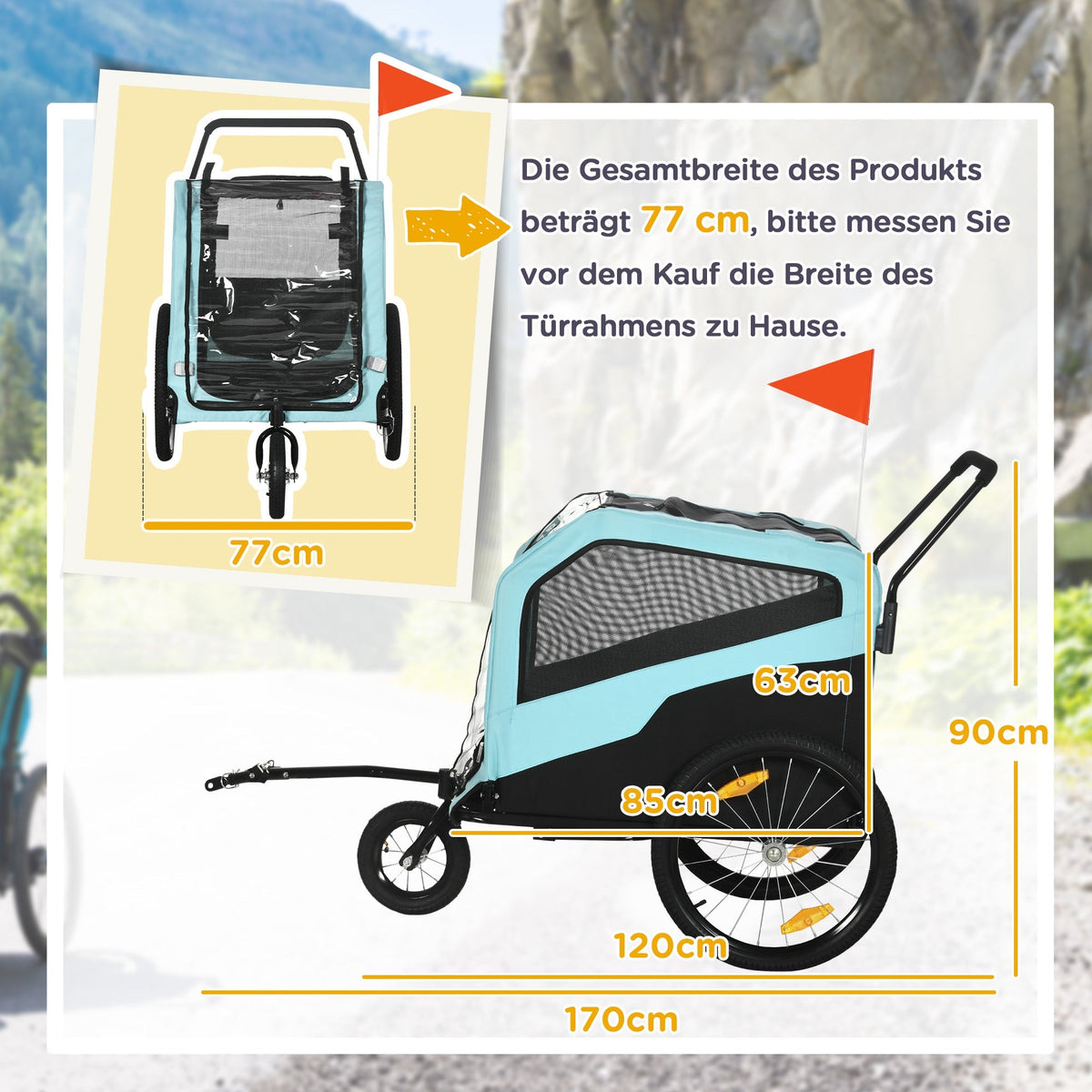 2-in-1 Dog Trailer & Stroller, Bicycle Attachment, max. 30 kg, Oxford Fabric, Blue