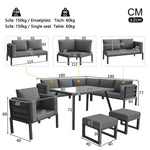 Garden Sofa Set Crescent 8-Person with Glass Table Weatherproof - Grey Cushions