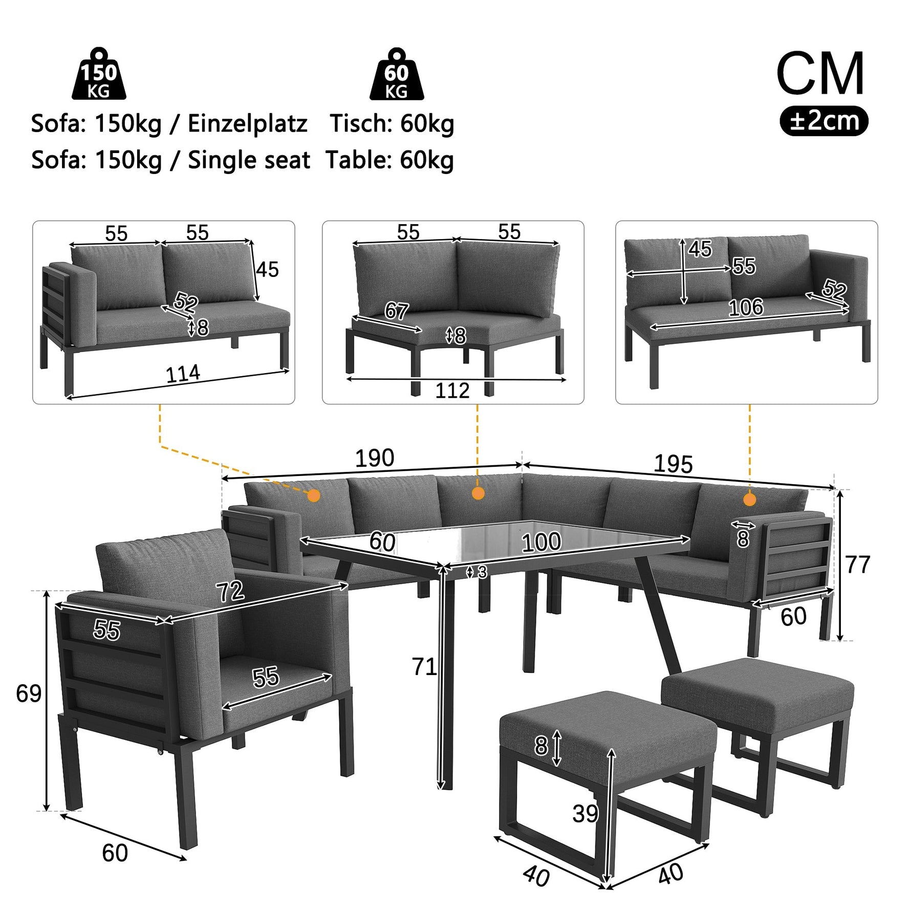 Garden Sofa Set Crescent 8-Person with Glass Table Weatherproof - Grey Cushions