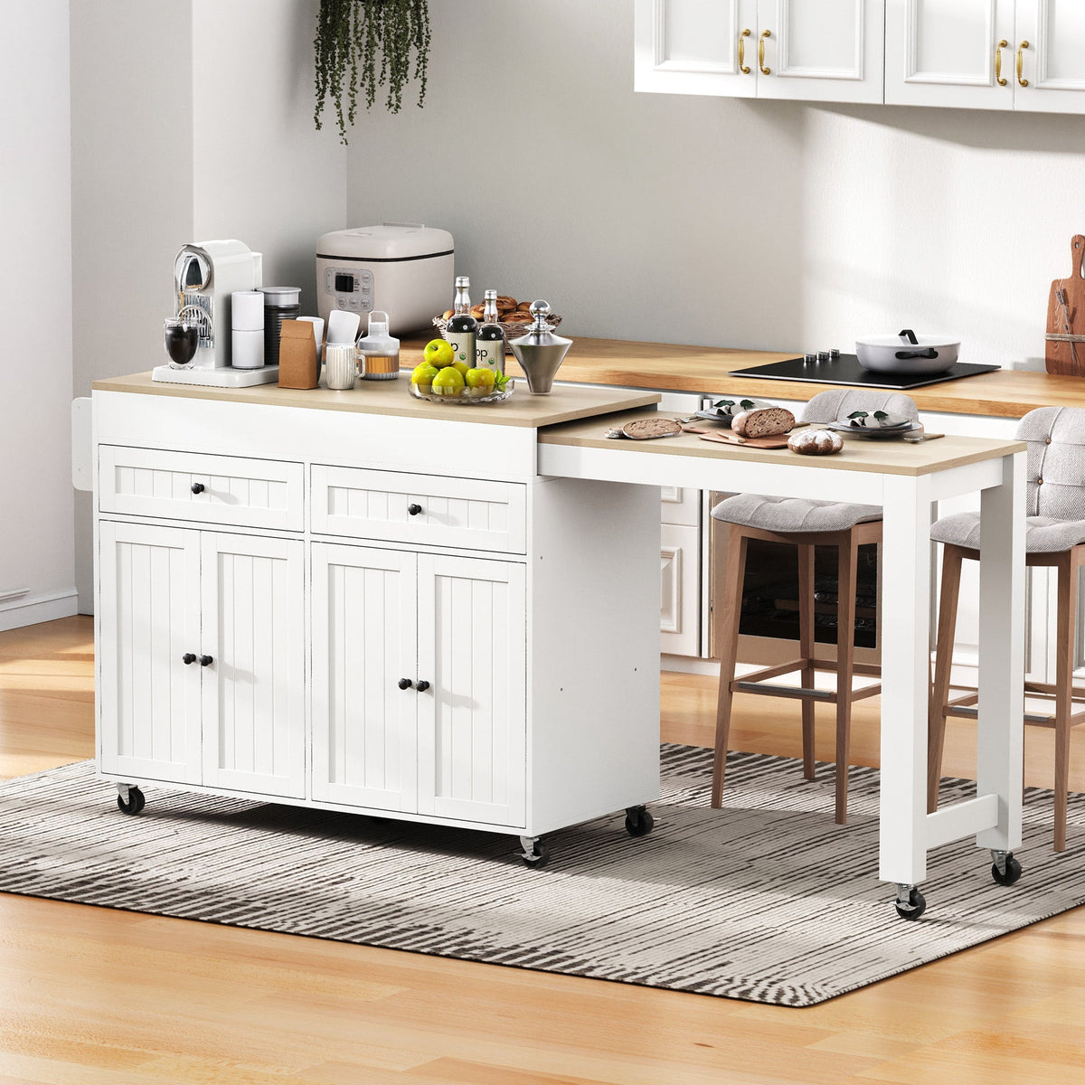 Kitchen Island, Extendable with Worktop & Drawers, Mobile, White+Natural