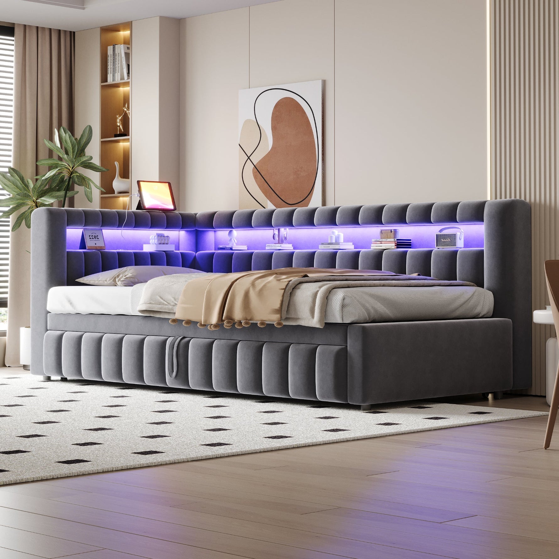 Upholstered Sofa Bed with LED Lighting and USB Charging, 90x200cm, Dark Grey Velvet