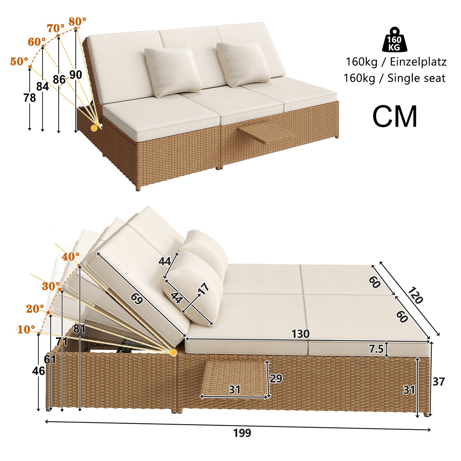 Outdoor Rattan Double Lounger - Foldable Weatherproof with Cushions - White