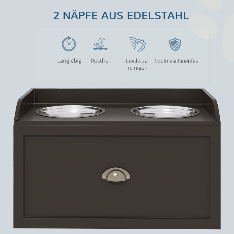 Raised Feeding Station, 2 Bowls 1 Storage, Brown
