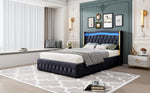 Upholstered Bed, 140x200cm LED Hydraulic Storage, Velvet Black