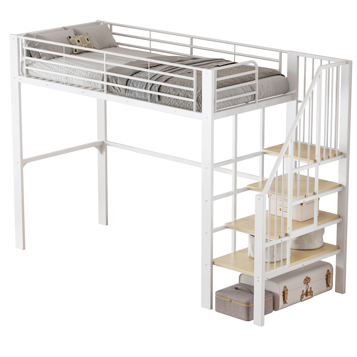 Loft Bed 90x200 cm with Storage Space & Stairs, Metal