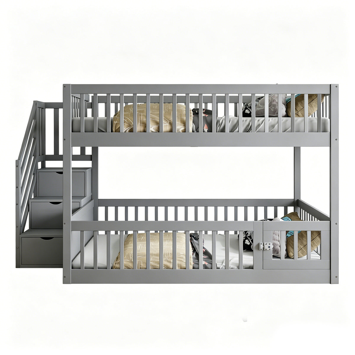 Bunk Bed 140x200 with Safety Stairs & Drawers, Grey Wood