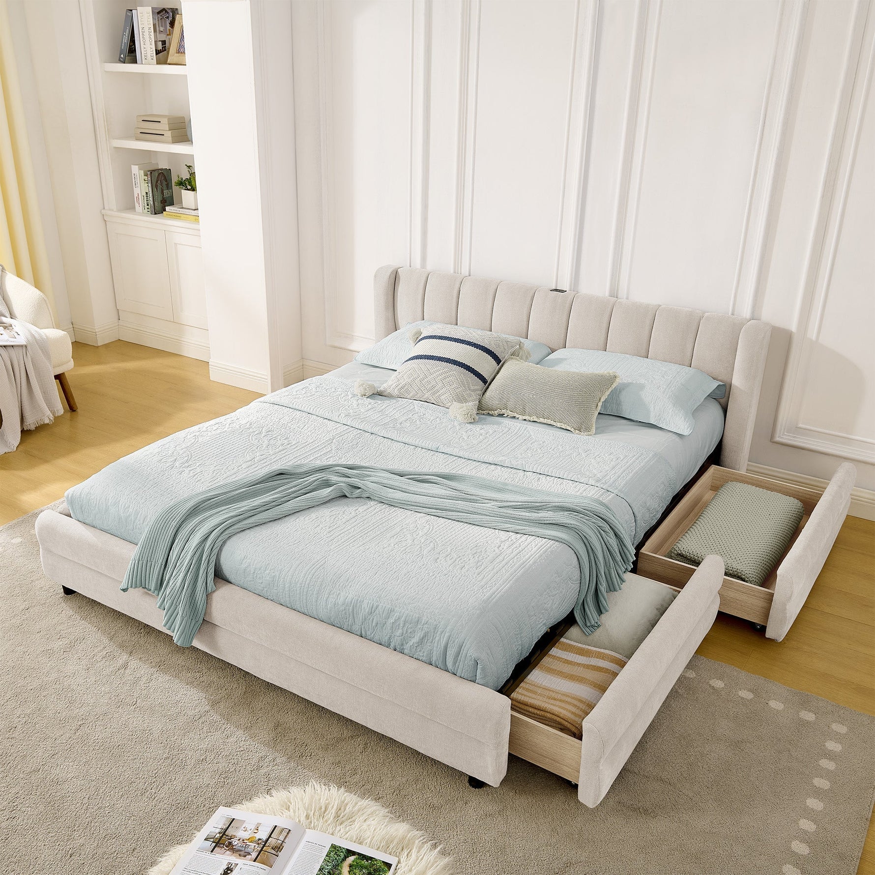 Double Bed 140x200cm Storage USB Port Chenille Beige