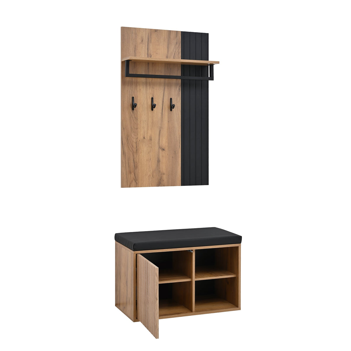 Shoe Cabinet Bench Hallway Furniture 2 Doors 3 Hooks Black and Natural Color
