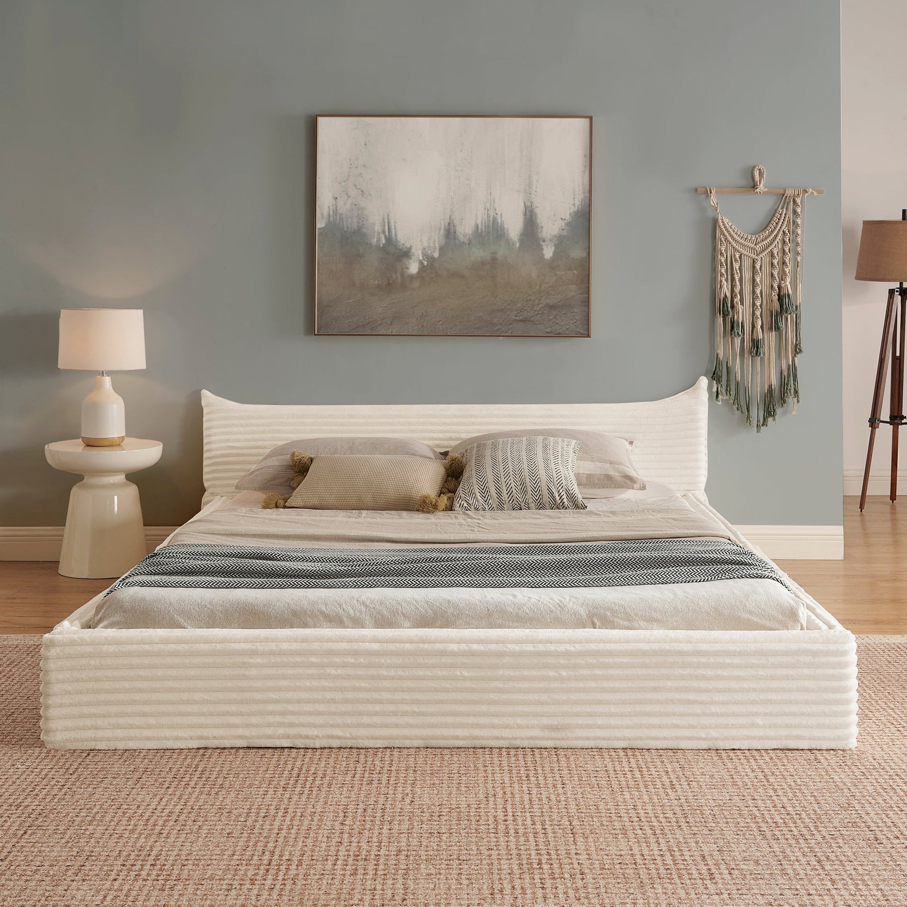 Double Bed 140x200cm, Corduroy Cover, Eucalyptus Wood Frame, Beige