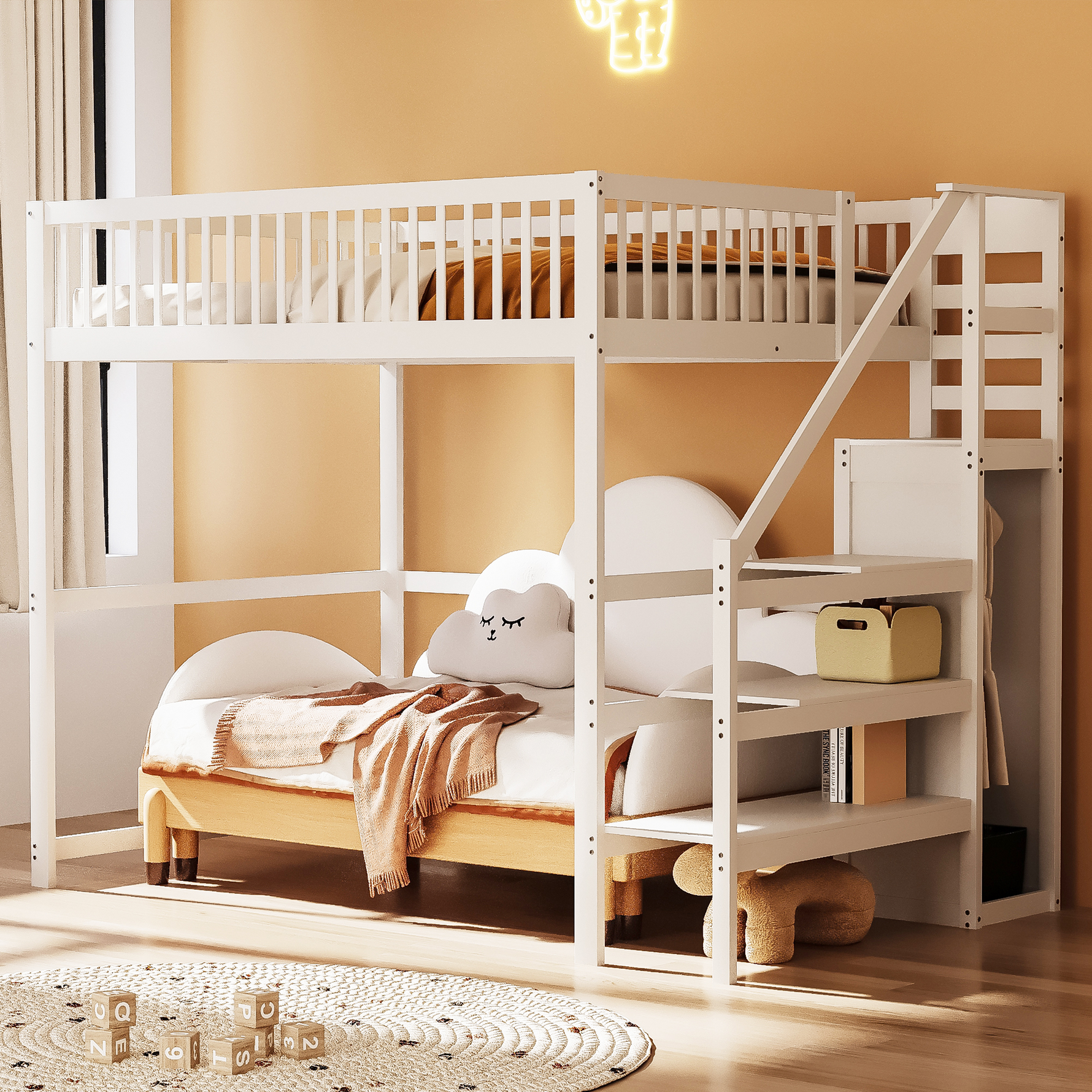 Loft Bed, 140x200 with Stairs, Storage, Wardrobe, White Wood