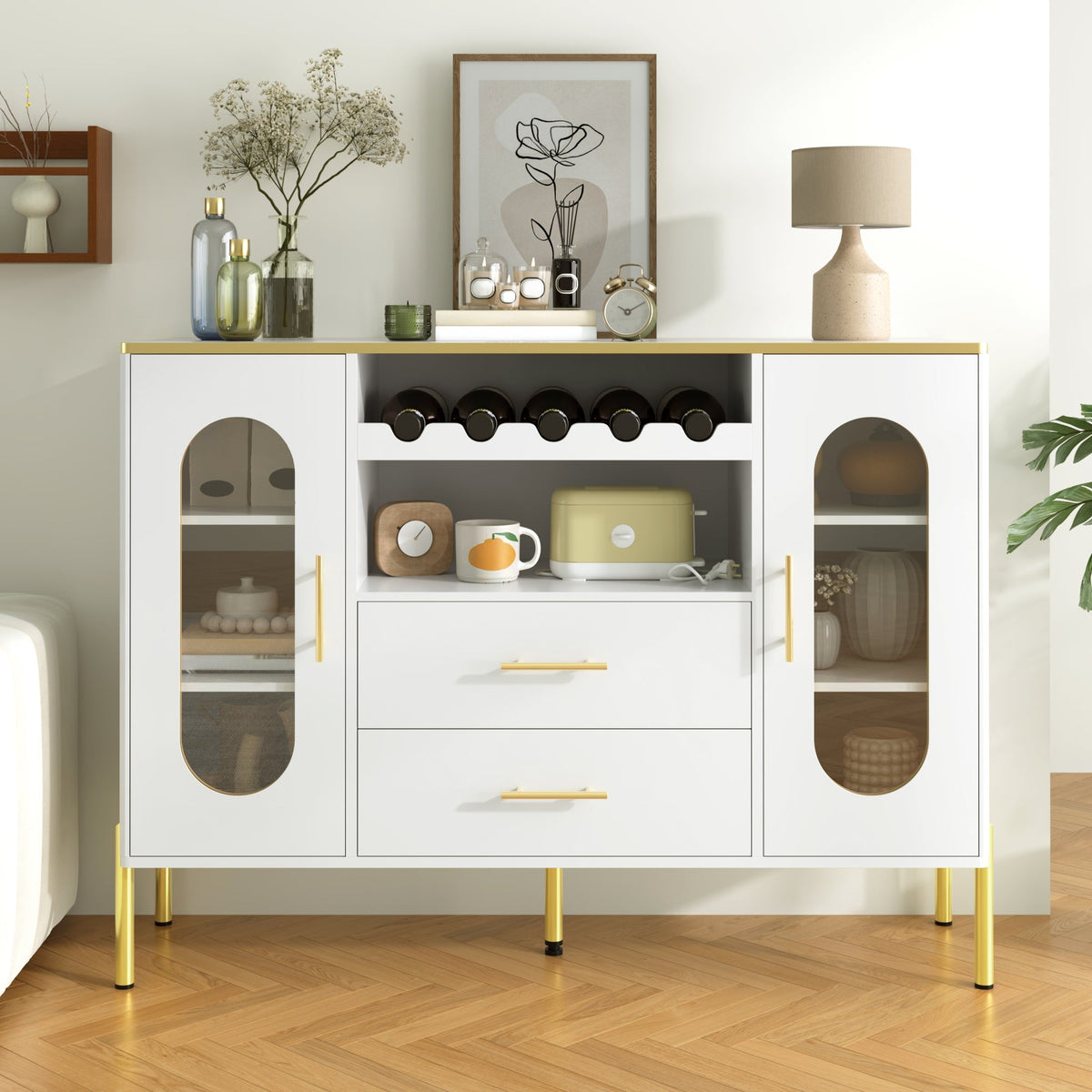 Sideboard, Glass Fronts & Wine Rack, White