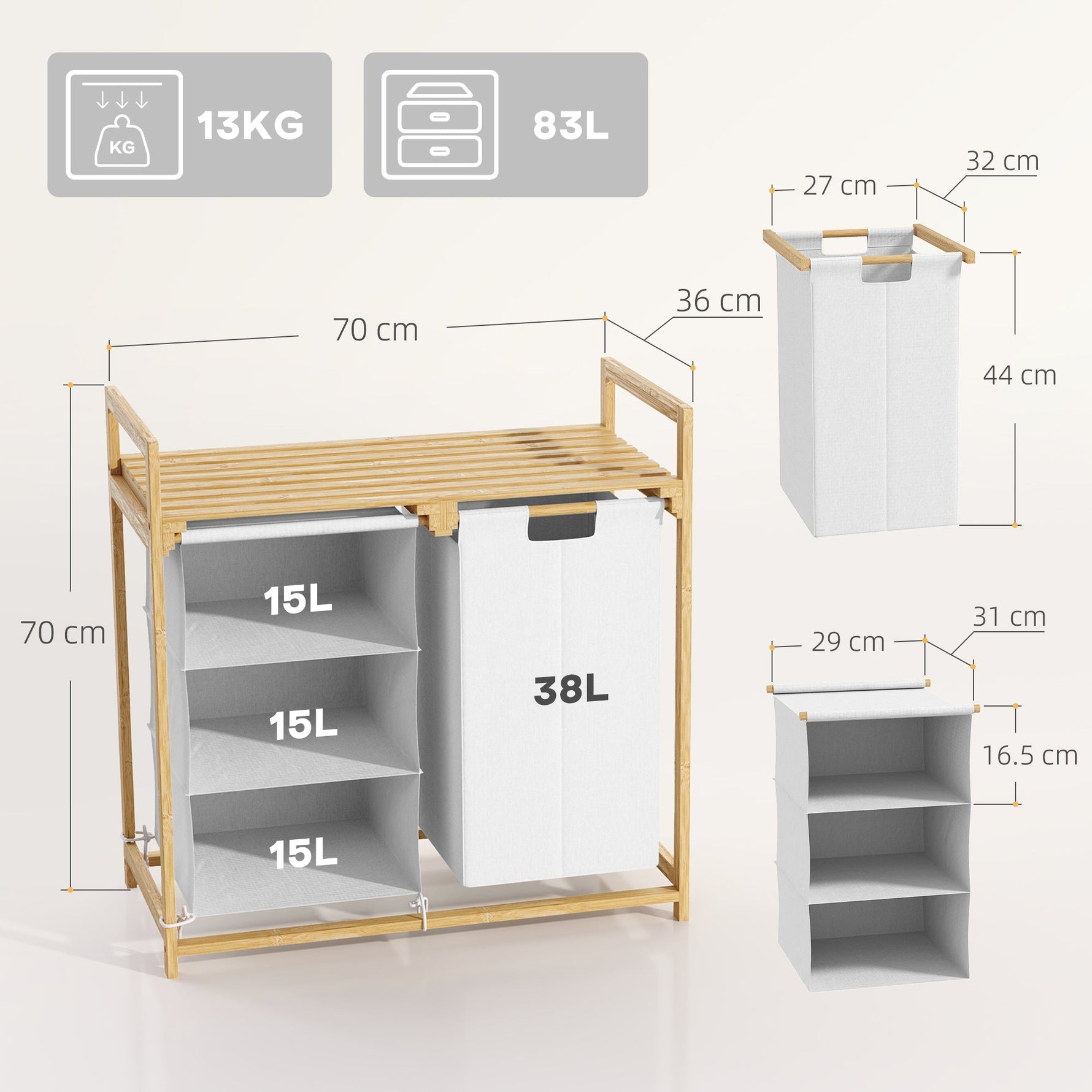 Laundry Basket 4 Compartments, Extendable Bags, 83L, Bamboo White