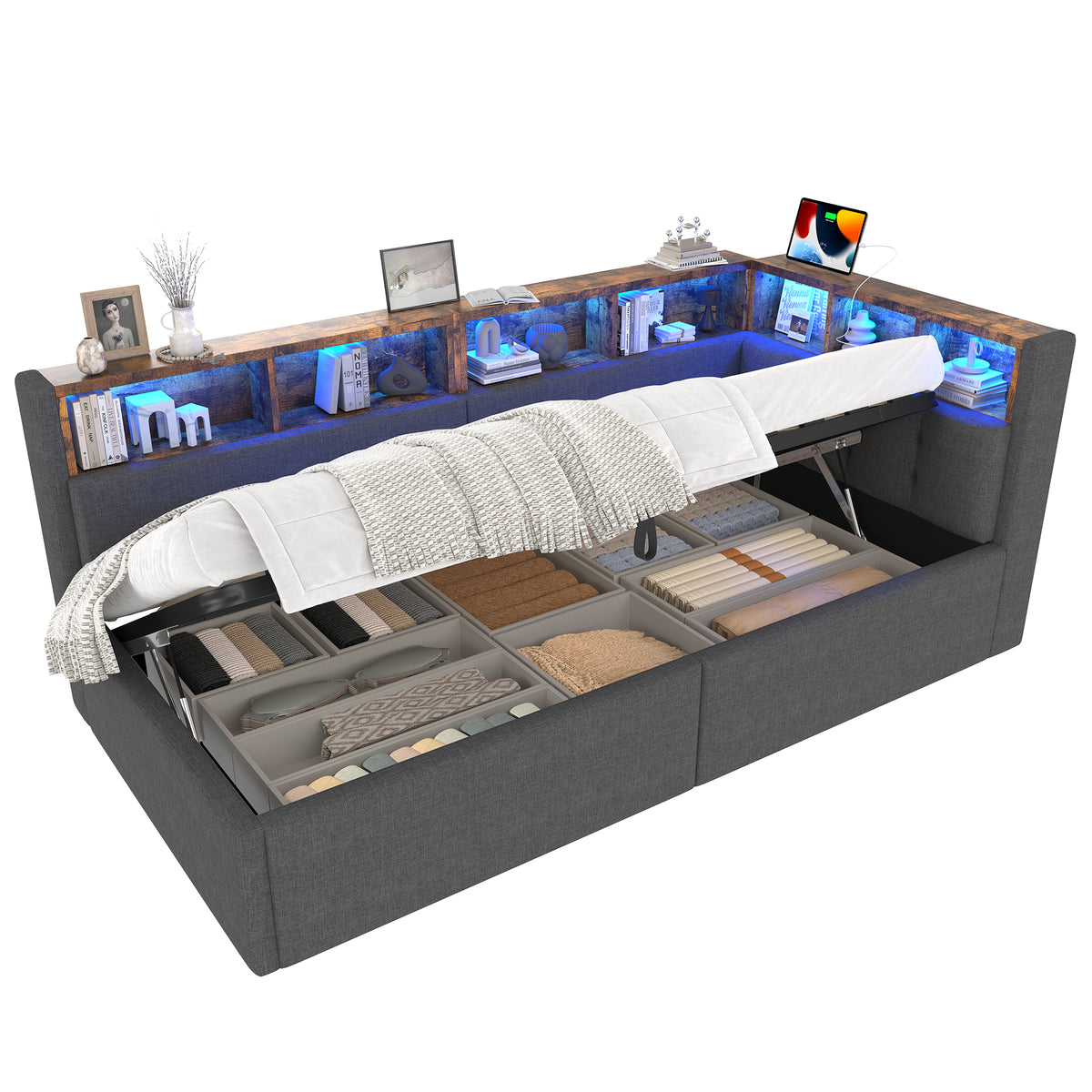 Daybed Sofa Bed 90x200cm with Storage & LED, Grey Linen