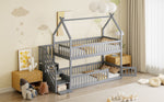 Bunk Bed, 90x200 Children's Single with Roof, Ladder & Storage Drawers, Solid Wood Gray