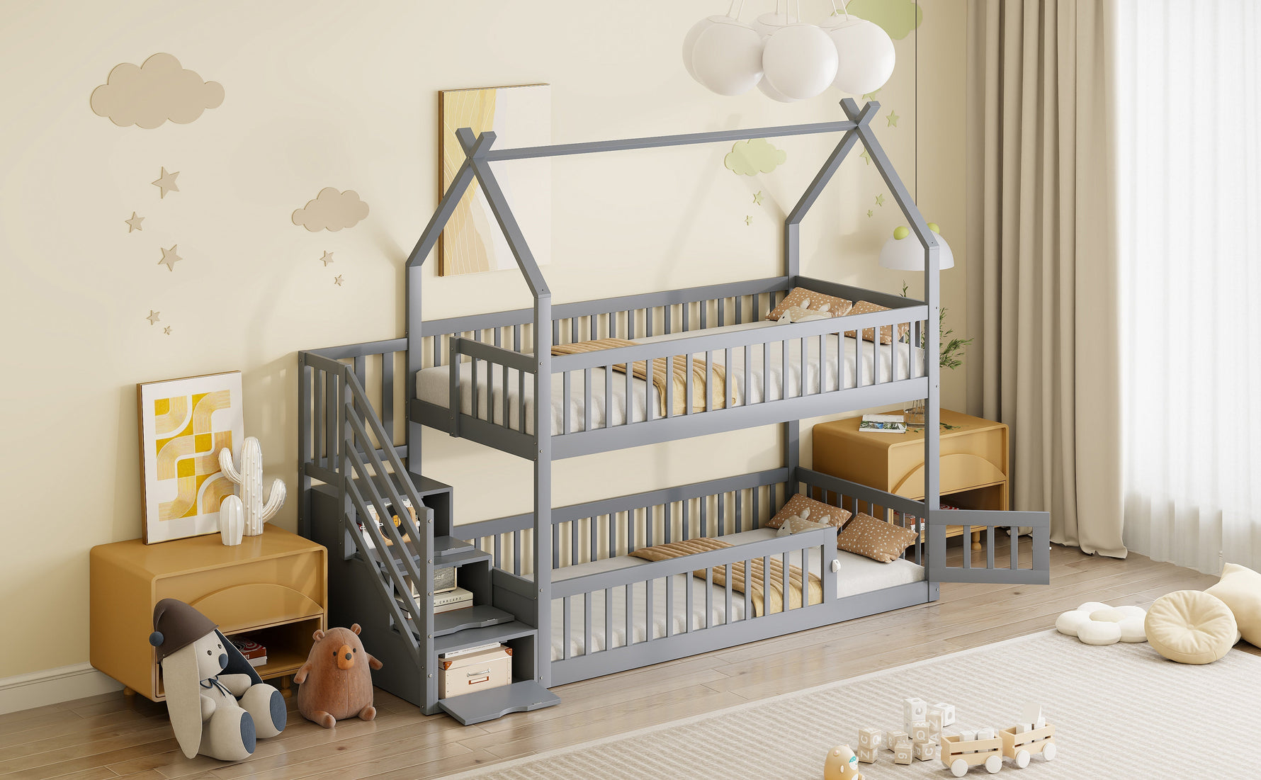 Bunk Bed, 90x200 Children's Single with Roof, Ladder & Storage Drawers, Solid Wood Gray
