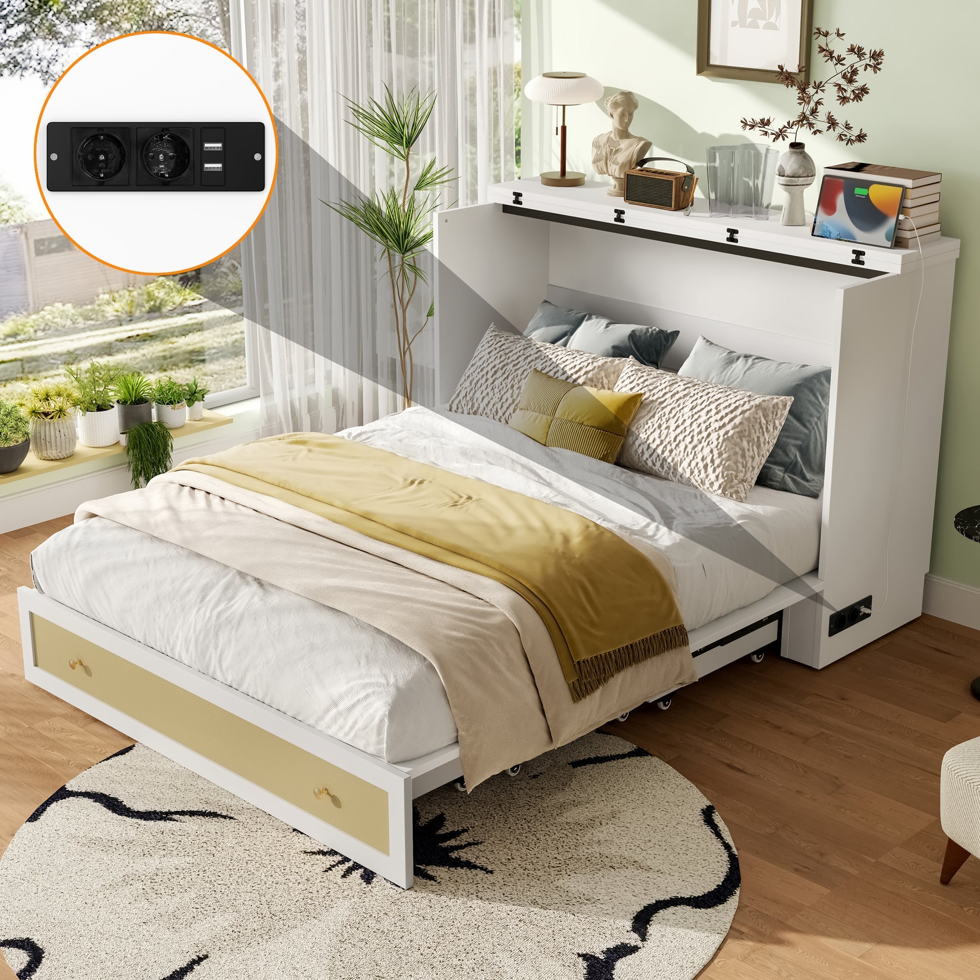 Mobile Wall Bed 140x200 Convertible Storage Drawers Shelf USB/Power Outlet - White