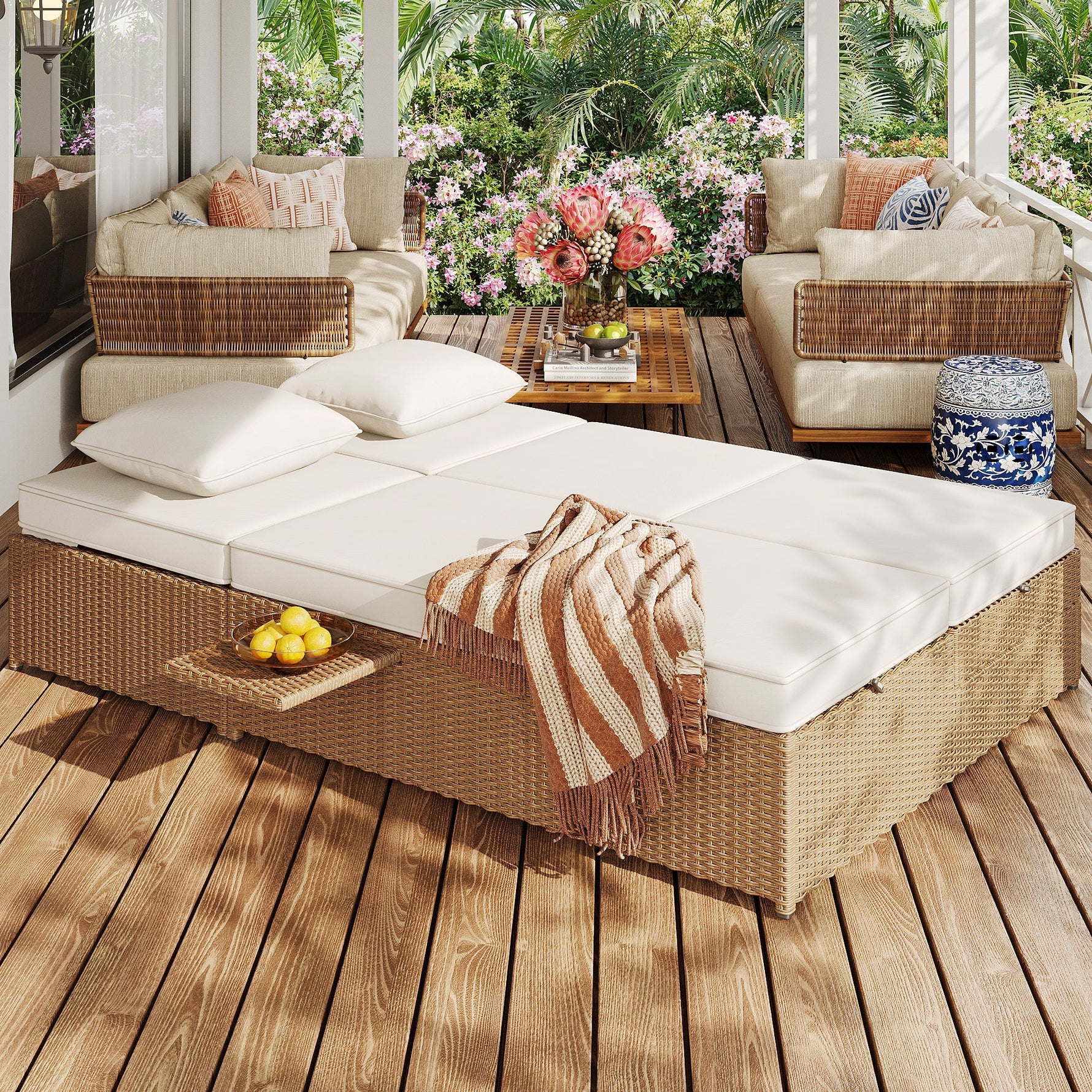 Outdoor Rattan Double Lounger - Foldable Weatherproof with Cushions - White