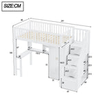 Loft Bed with Wardrobe, Shelf, Table & Storage Stairs, Wooden, White