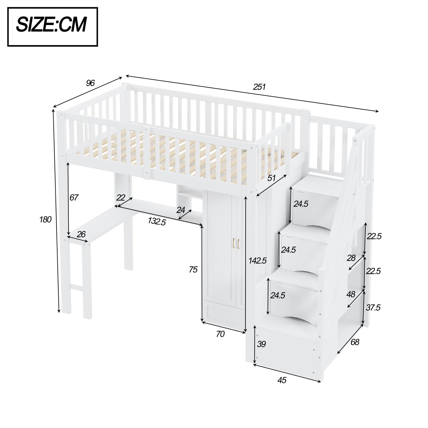 Loft Bed with Wardrobe, Shelf, Table & Storage Stairs, Wooden, White