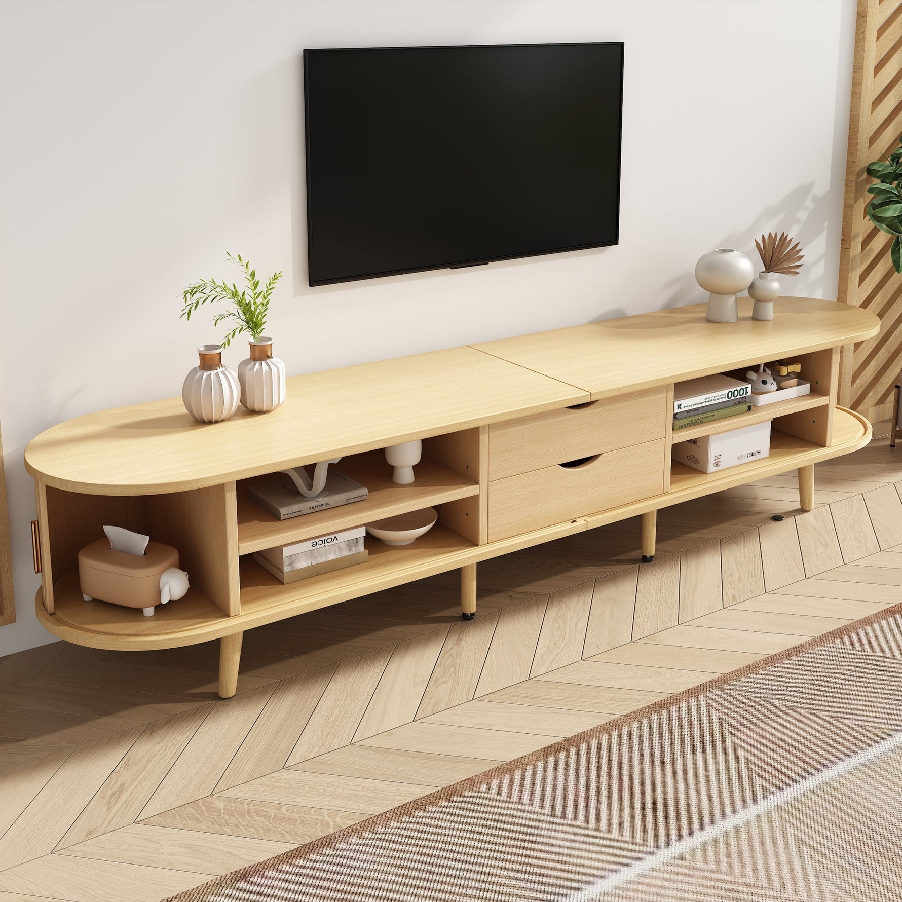 Living Room TV Cabinet with Storage, Round Table Top, 2 Drawers, MDF Wood Grain