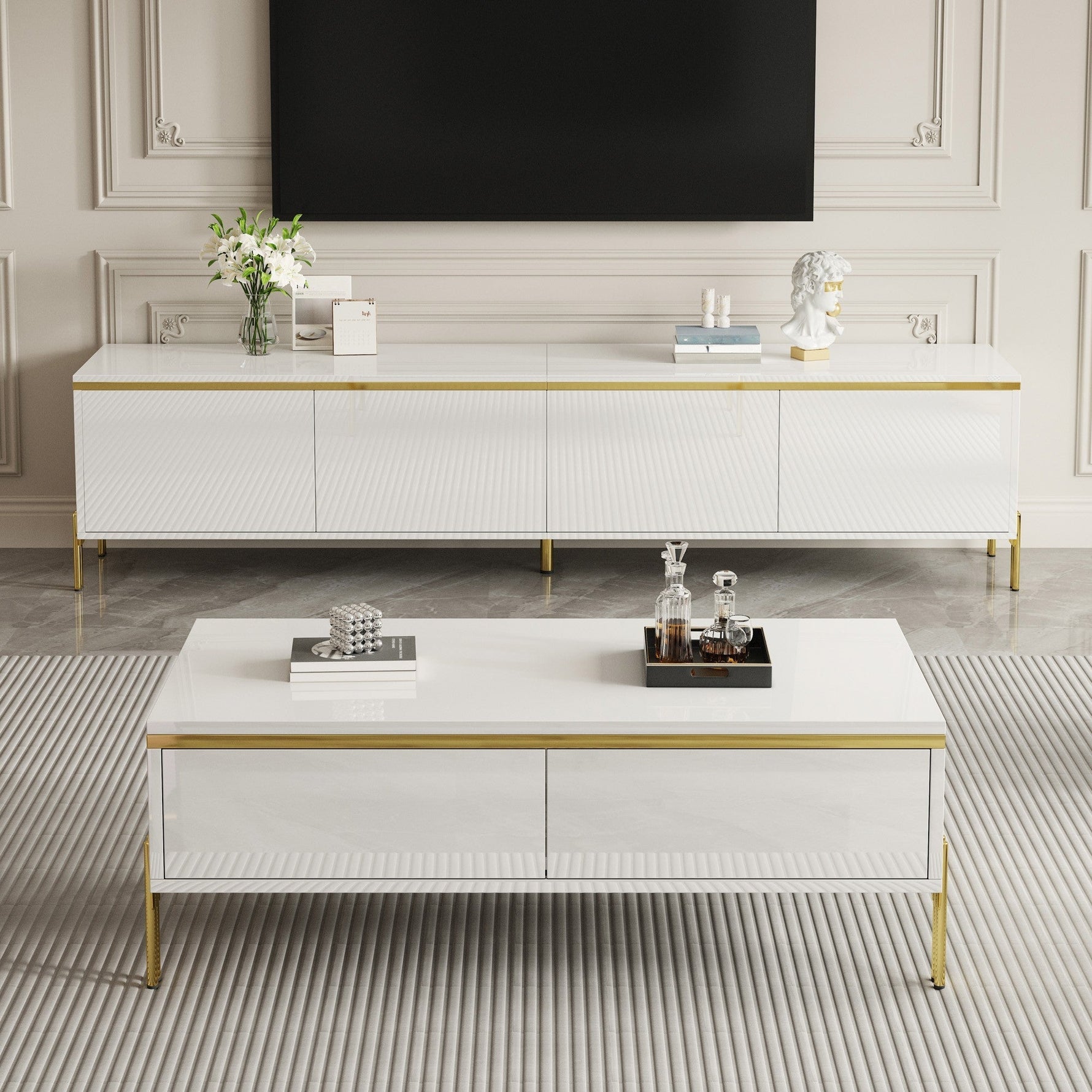 TV Cabinet and Coffee Table Set Modern Luxury High-Gloss Gold Edges Storage - Solid Color