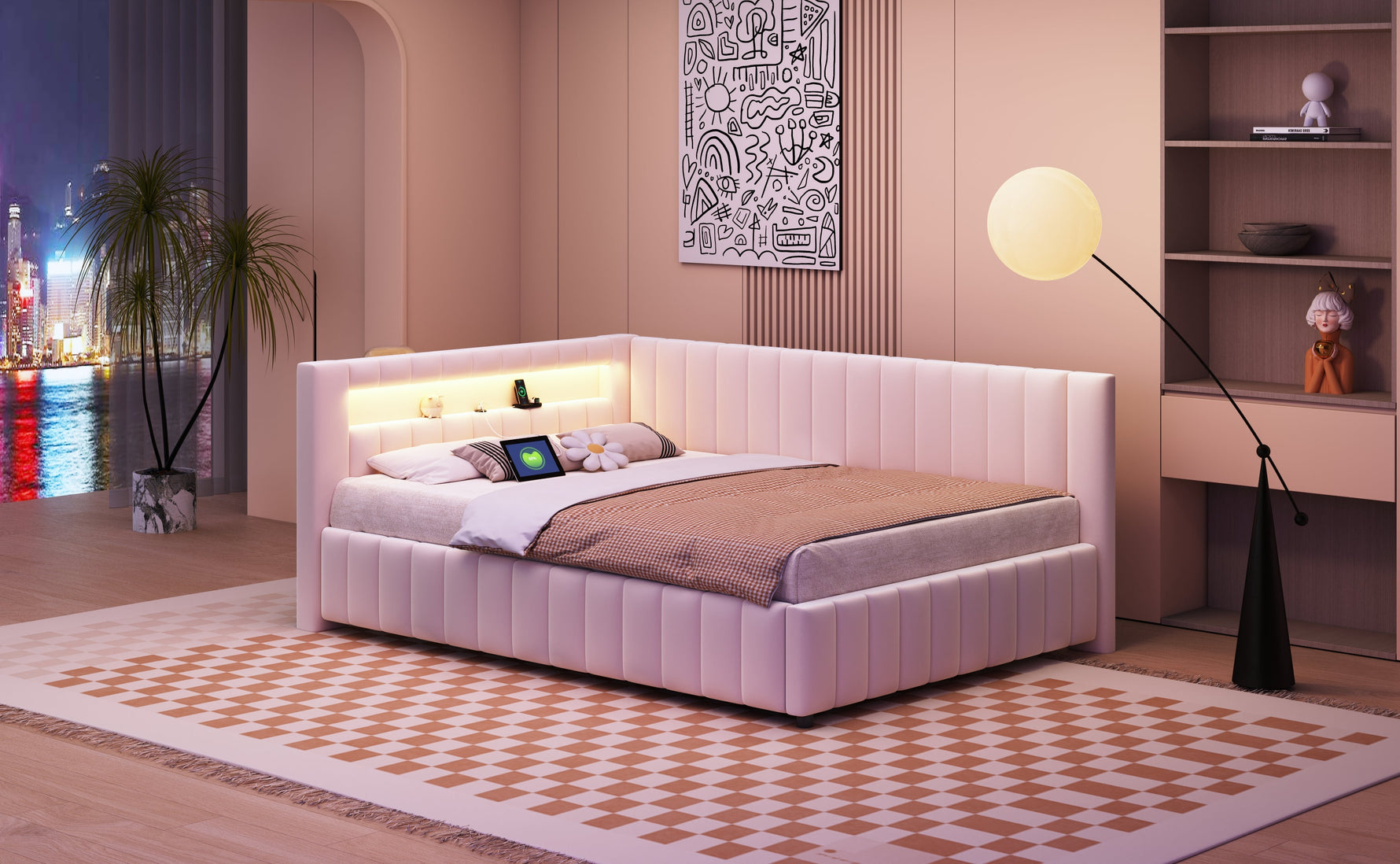 Upholstered Sofa Bed 140x200 with LED & USB Charging Port, Velvet Beige