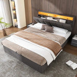 Upholstered Storage Bed 140x200cm LED Light & Drawers, Grey Linen