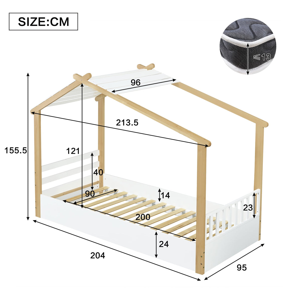 Wooden Bed, House Design Single with Slatted Frame, Pine & MDF White & Natural