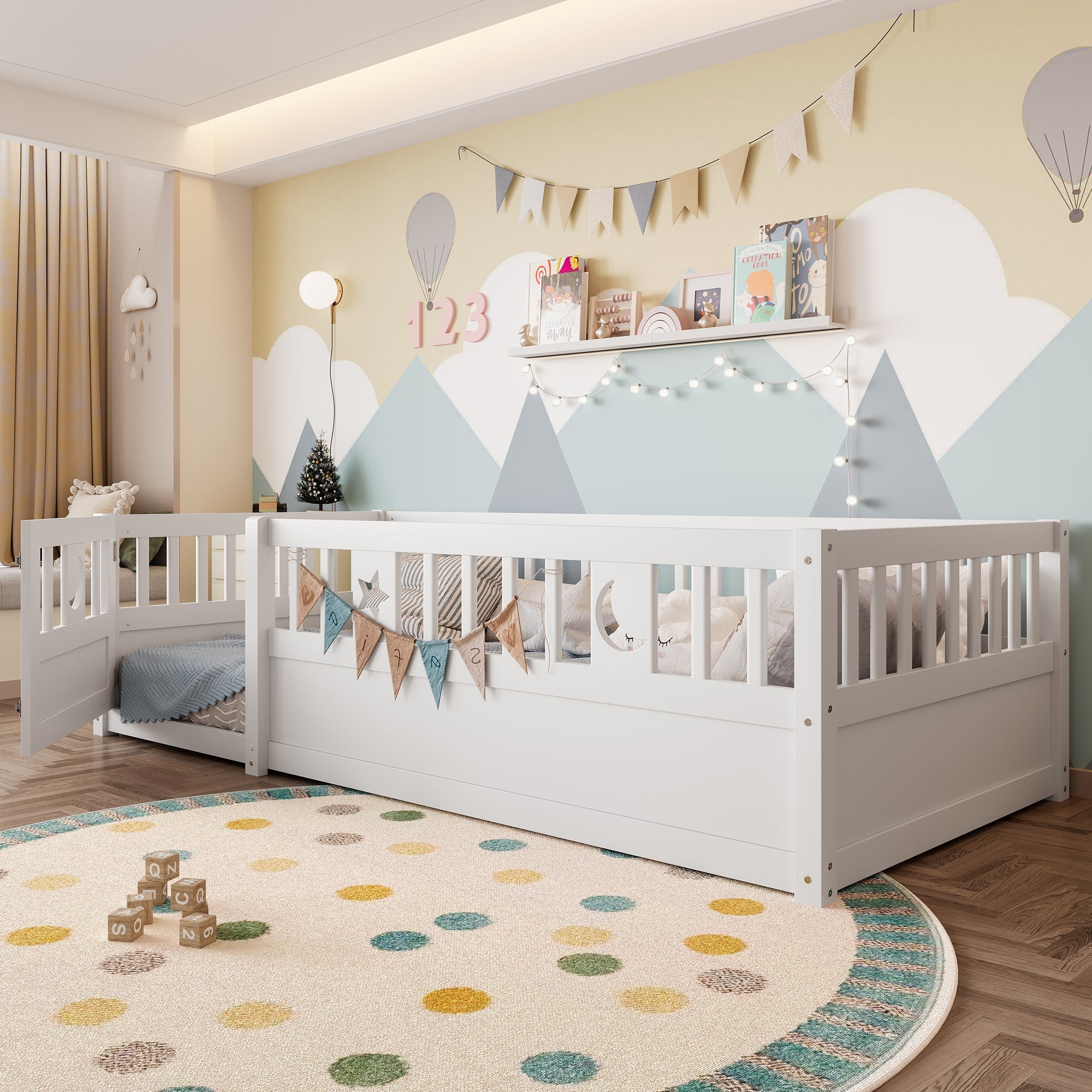 Panel Bed, Children's 90 x 190 cm with Railing Star & Moon Decoration, White