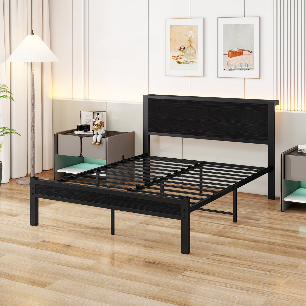Single Metal Platform Bed Frame with Storage, 120x200cm, Vintage Black