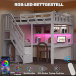 Solid Wood Bed 140x200 with Desk, Storage & LED - White