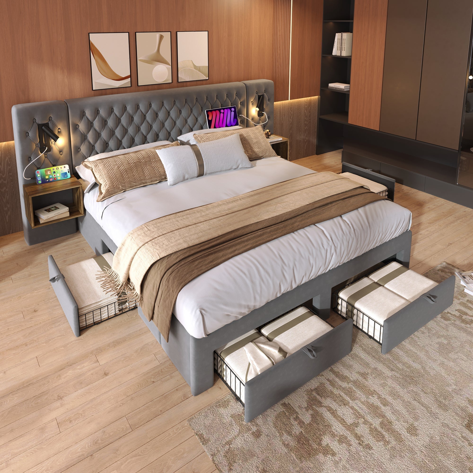 Bedroom Set, Upholstered Double Bed with 2 Nightstands & 4 Drawers, USB Reading Light, Gray Velvet