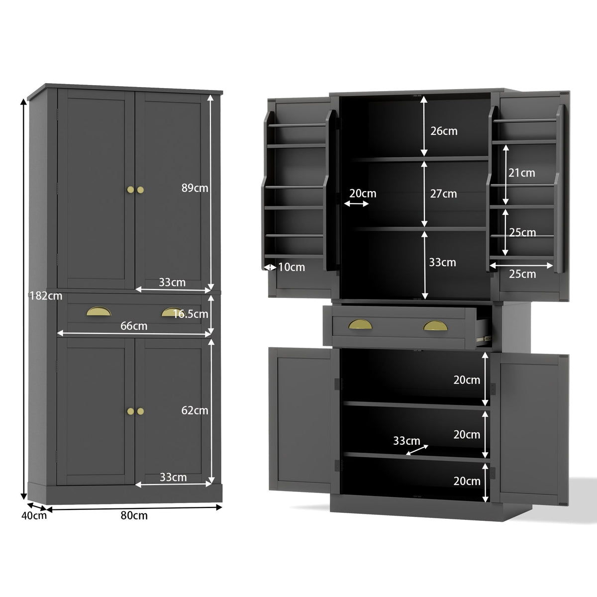 Storage Cabinet 182cm 4 Doors 1 Drawer Adjustable Shelves - Black