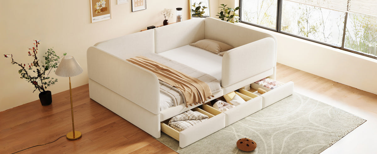 Upholstered Children's Bed 140x200cm with Drawer, Beige Velvet