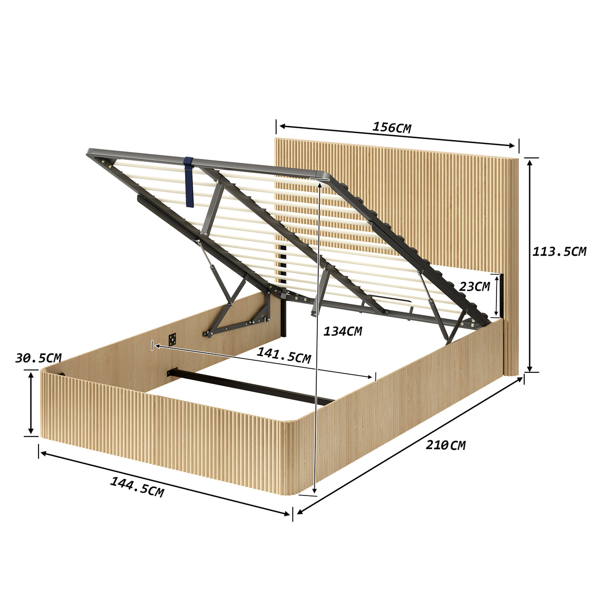 Modern Storage Bed 140x200cm with Hydraulic Lift, Light Oak