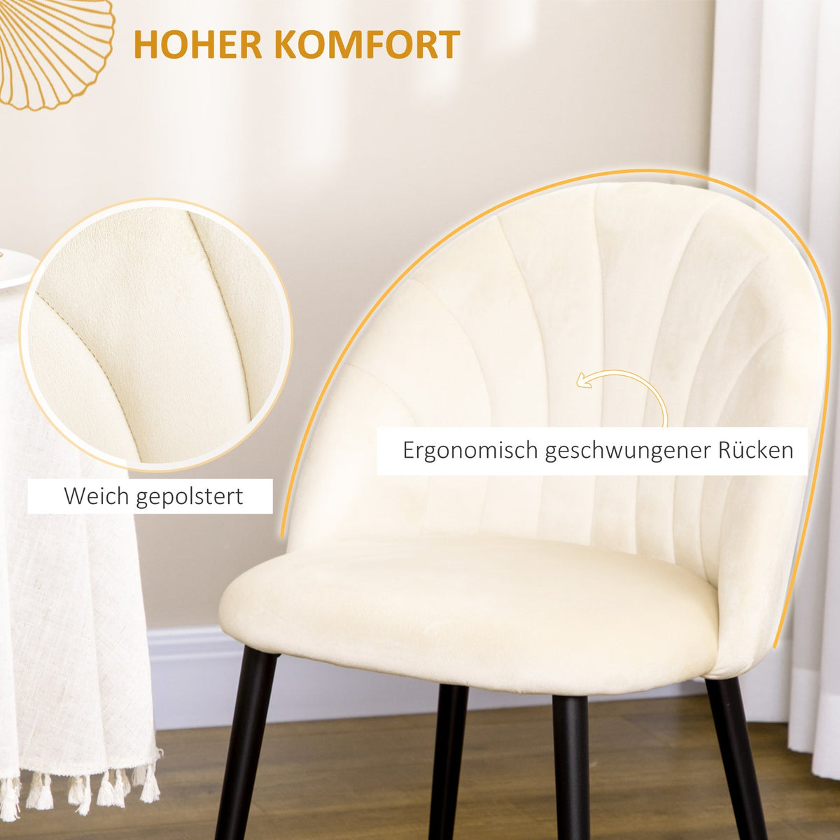 Dining Chairs, Set of 2 Upholstered with Velvet Backrest and Steel Legs, Cream
