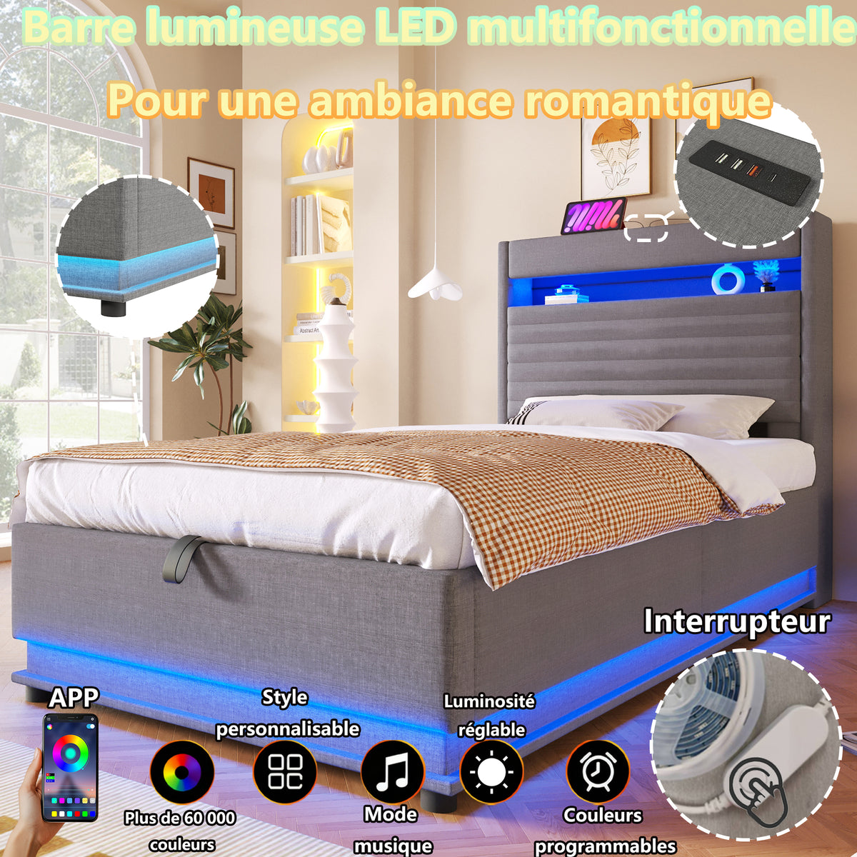 Upholstered Bed 90x200cm with LED & Storage, Grey Linen