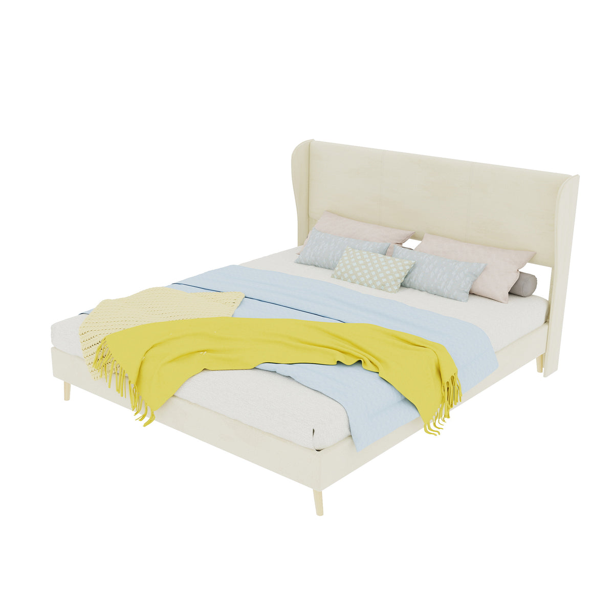 Upholstered Bed with Soft Headboard & Mattress, 160x200cm, Beige