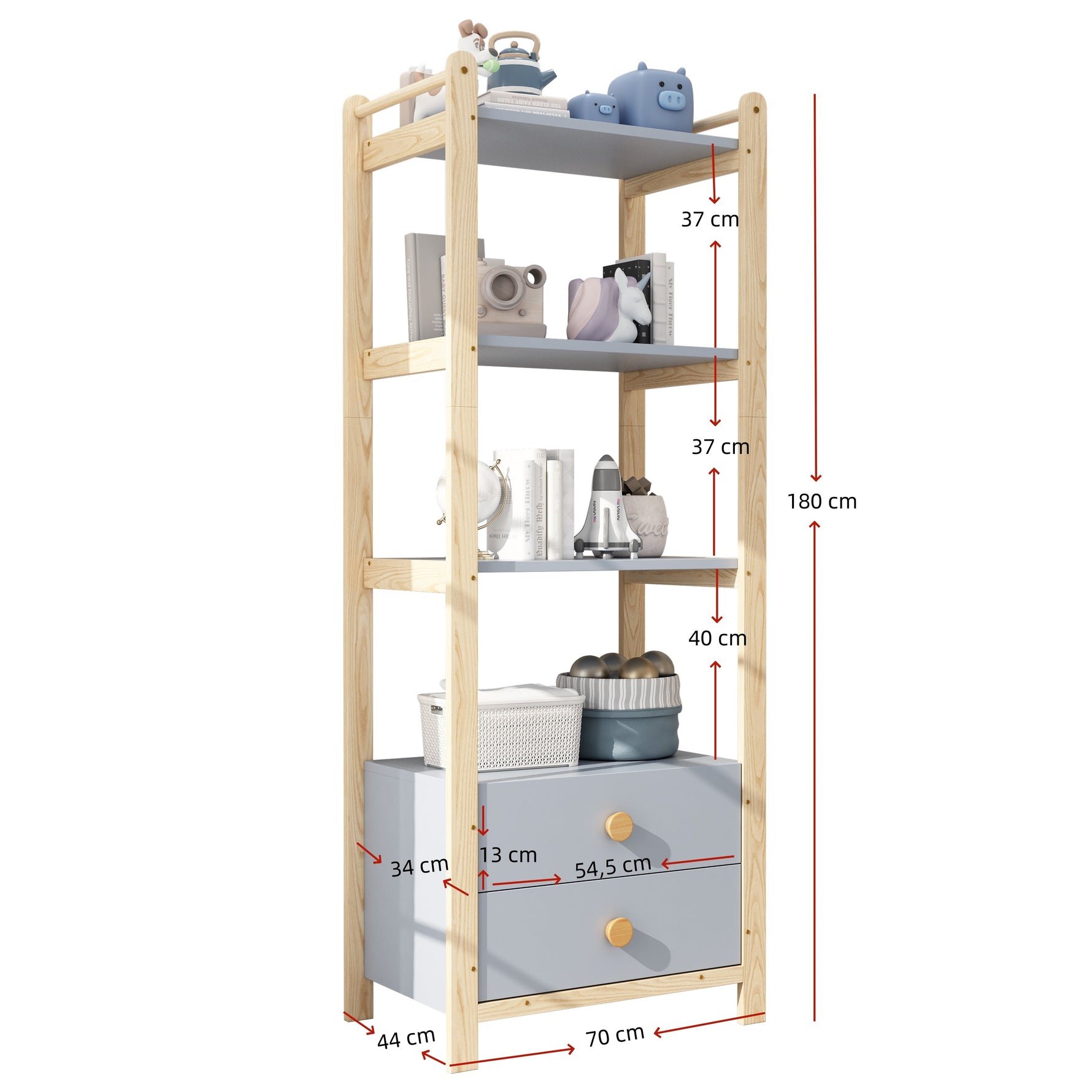 Freestanding Shelf Unit, 2 Drawers 4 Shelves 70x44x180cm, Blue and Natural Wood Pine Frame