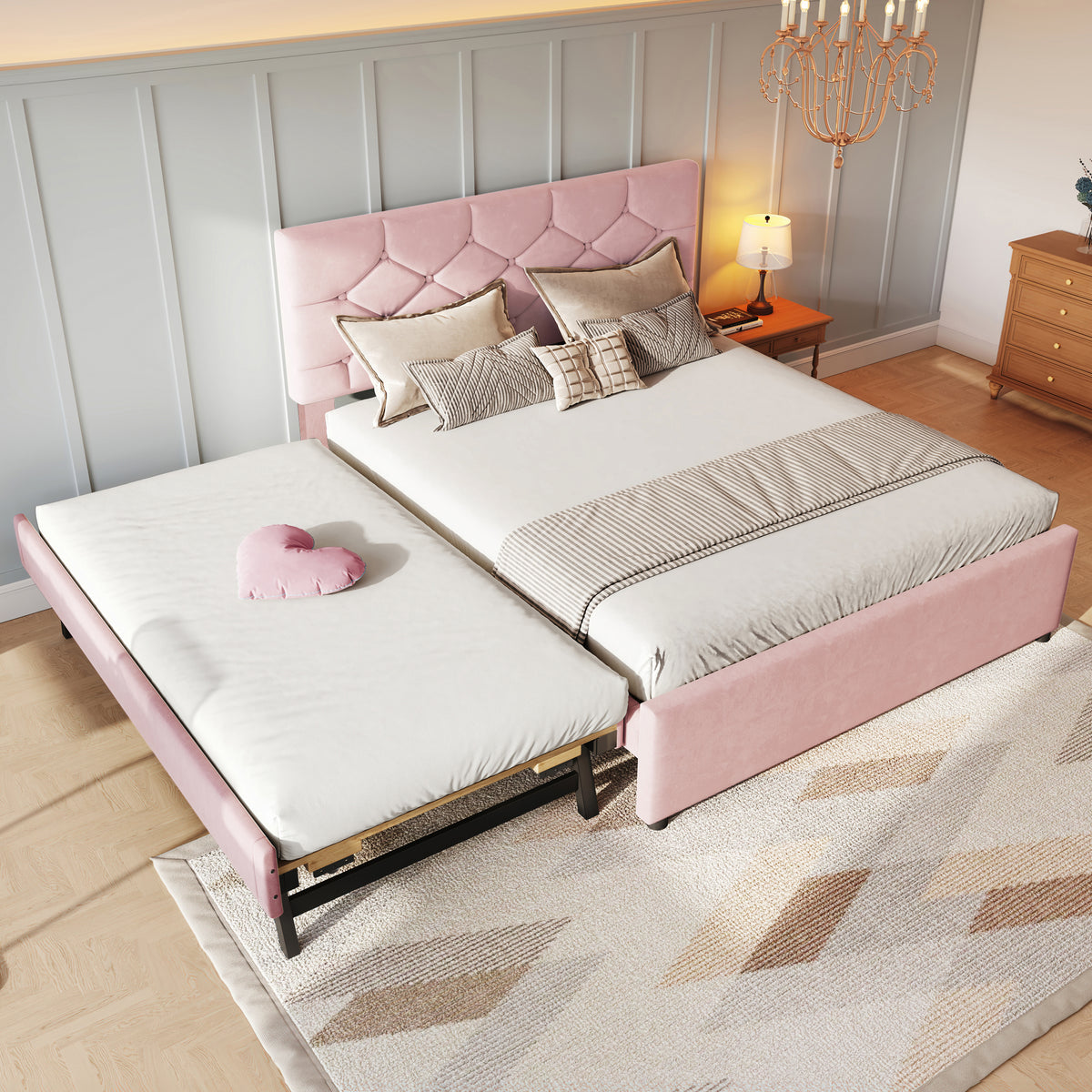 Upholstered Bed 140x200cm with Pull-Out Bed, Pink