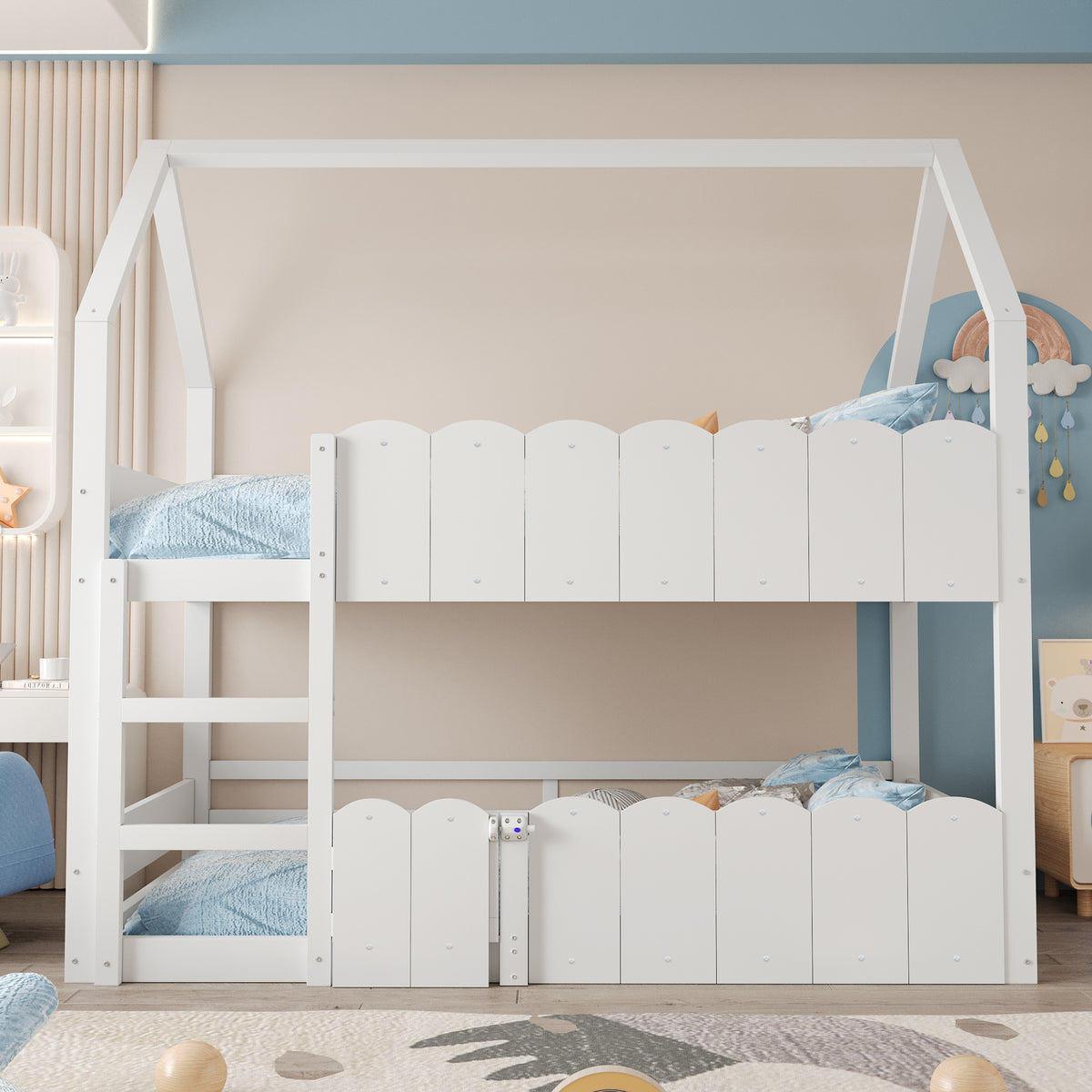 Children's Bunk Bed 90x200cm House Design with Safety Rails - White