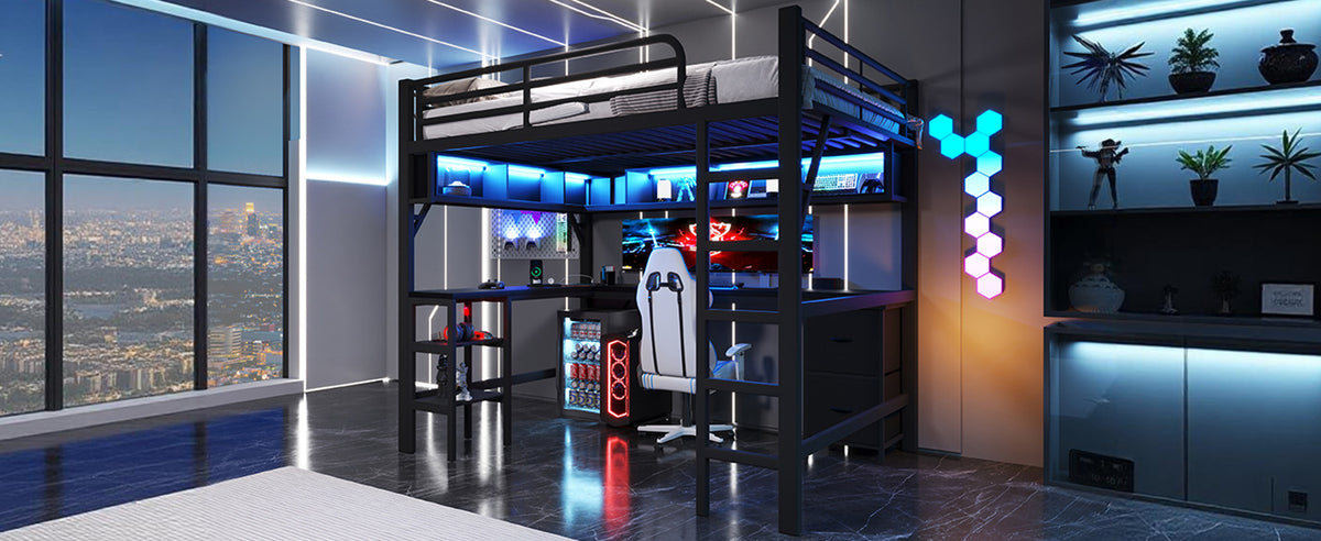 Gaming Loft Bed with Desk, Bookshelf & Wardrobe, Black Metal