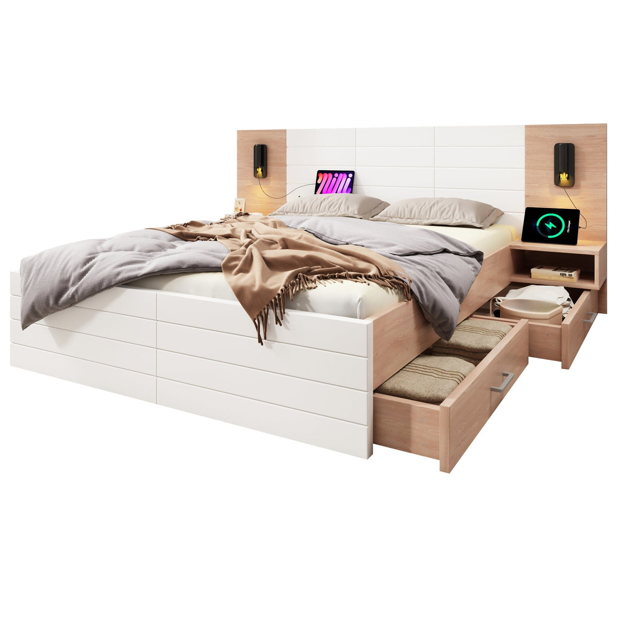Double Wooden Bed, 160x200cm, 2 Drawers, USB, Oak/White