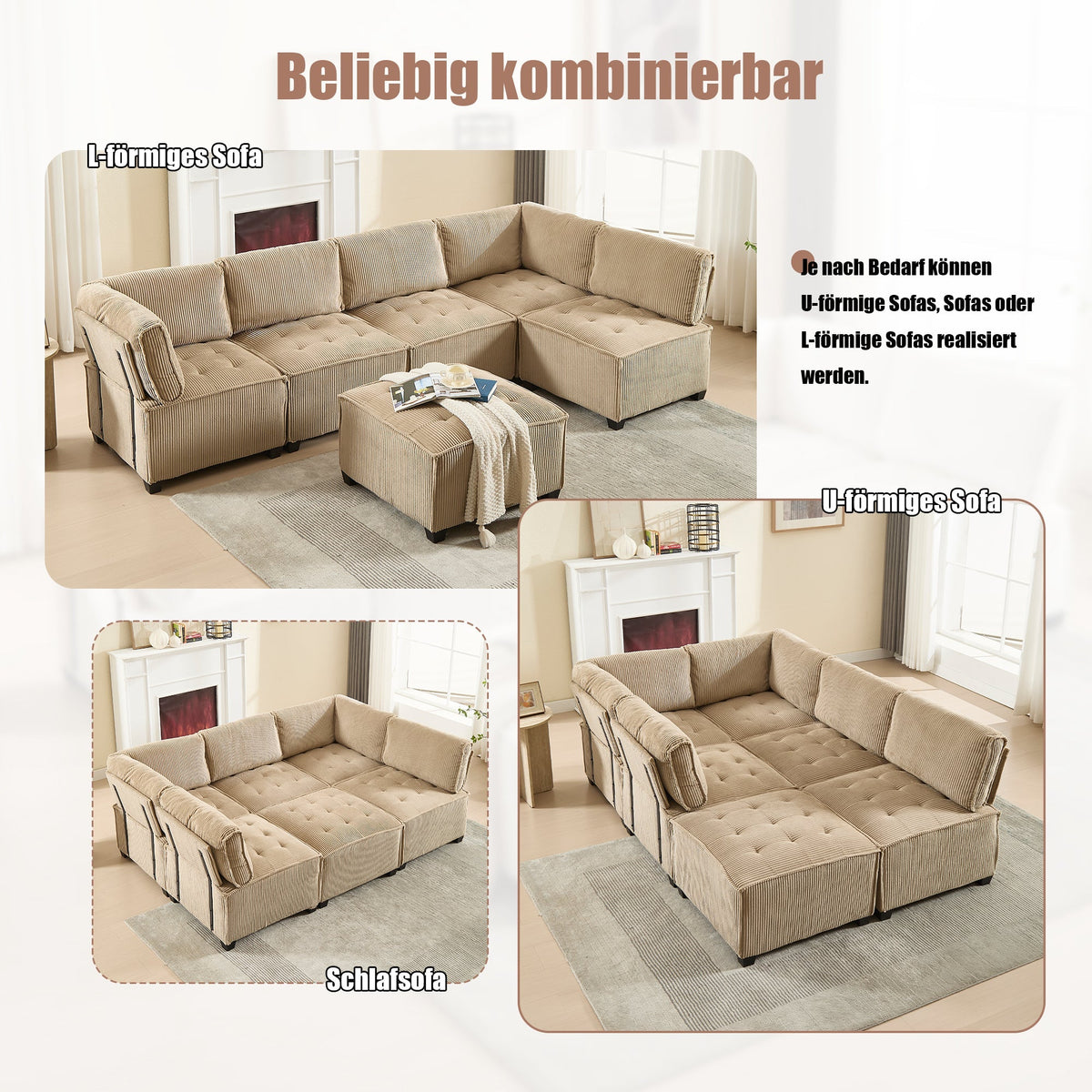 Modular Sofa 6-Seater Convertible Sleeper with Storage Pockets, Corduroy Khaki