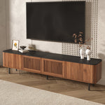 Modern TV Cabinet with Gitter Doors and Storage, Black and Walnut Wood