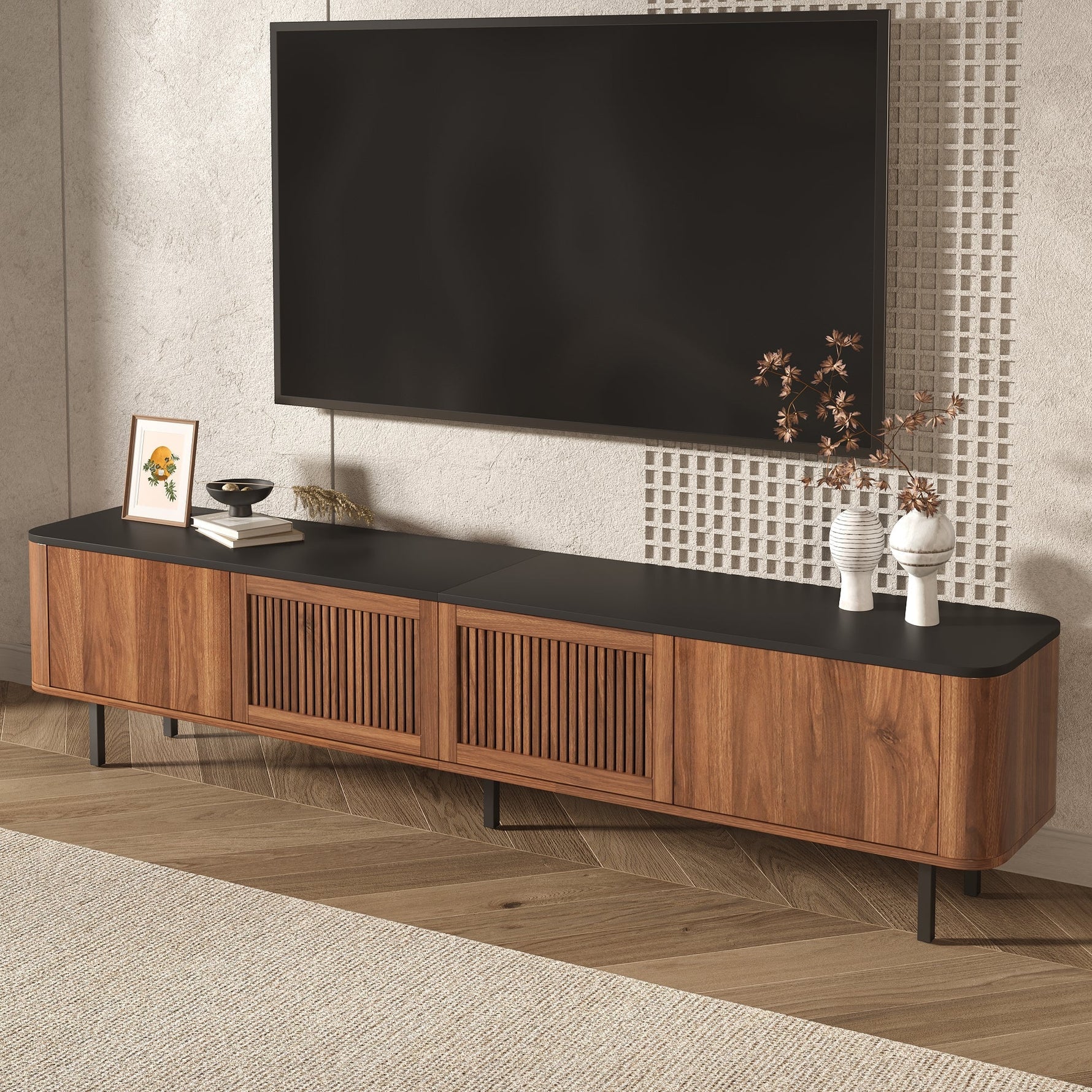 Modern TV Cabinet with Gitter Doors and Storage, Black and Walnut Wood