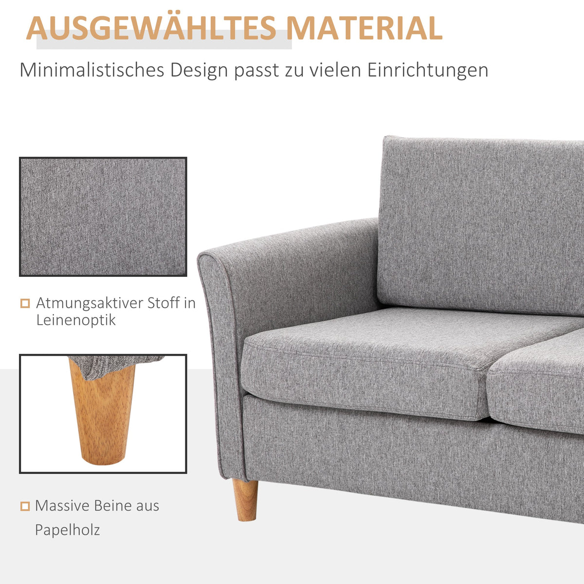 Double Sofa, Removable Cushions, Linen Light Grey
