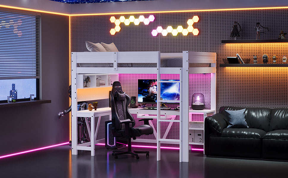 Gaming Loft Bed with Desk, LED Lighting and Charging Station, White Wood