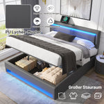 Upholstered Bed with USB Charging, LED Lighting and Storage, 140x190cm, Grey PU Leather